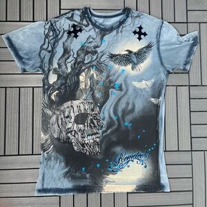 Y2K Vtg Remelee Blue Skull and Bird Tee Size XXL